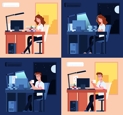 Day night work. Late office working, man woman overtime job. Flat tired employees, remote non stop labor at computer utter vector concept. Illustration office late work, night and day workplace