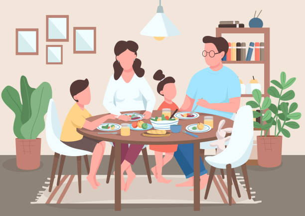 Family meal flat color vector illustration. Mother and father eating food with kids. Children having dinner with parents. Relatives 2D cartoon characters with interior on background Family meal flat color vector illustration. Mother and father eating food with kids. Children having dinner with parents. Relatives 2D cartoon characters with interior on background family dinner stock illustrations