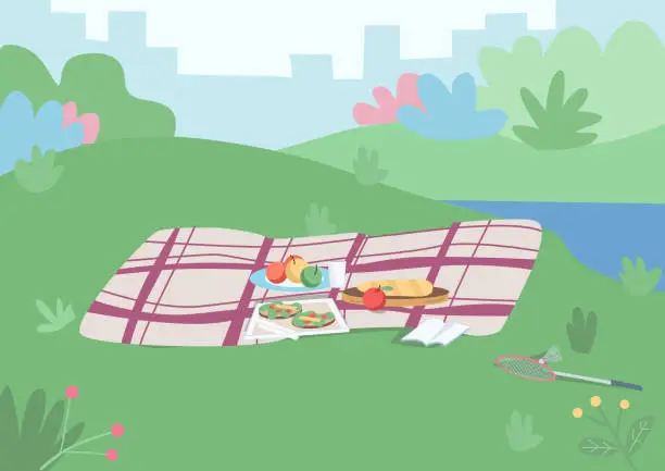 Vector illustration of Spot for picnic flat color vector illustration. Blanket with food on plated to have dinner outside. Place for leisure on grass hill. Park 2D cartoon landscape with cityscape and bushes on background