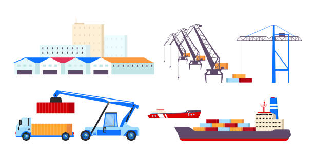 Maritime transportation flat color vector objects set. Freight ships, cargo containers, heavy cranes and warehouses 2D isolated cartoon illustrations on white background. Freight shipping business Maritime transportation flat color vector objects set. Freight ships, cargo containers, heavy cranes and warehouses 2D isolated cartoon illustrations on white background. Freight shipping business Harbor stock illustrations