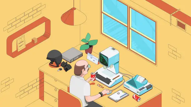 Vector illustration of Isometric office space and equipment. Office employee at his workplace.