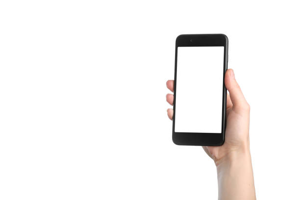 istock Woman hand holding black smartphone with blank white screen and modern frame isolated on white background 1304795582