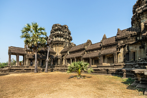 Angkor Wat, Cambodia - January 20, 2020: The third enclosure galleries of Angkor Wat temple. The Angkor Wat is a Hindu temple complex in Cambodia and is the largest religious monument in the world.