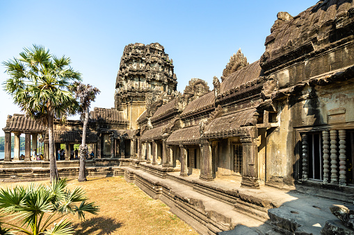 Angkor Wat, Cambodia - January 20, 2020: The third enclosure galleries of Angkor Wat temple. The Angkor Wat is a Hindu temple complex in Cambodia and is the largest religious monument in the world.