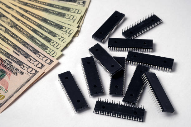 Semiconductor chips shortage and high price. Very high demand for computer chips and COVID pandemic caused global deficit in the industry. stock photo