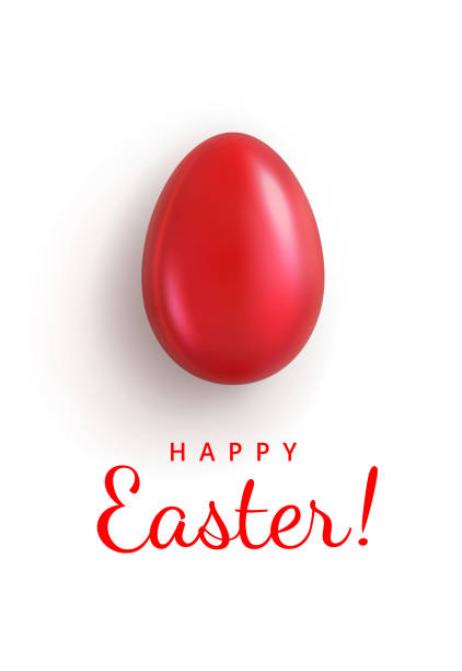 ilustrações de stock, clip art, desenhos animados e ícones de happy easter. greeting card with glossy red easter egg closeup and greeting text. isolation on a white background. top view - easter eggs red