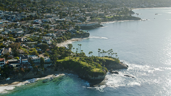 Aerial view of the Southern California coastline in Laguna Beach, California.