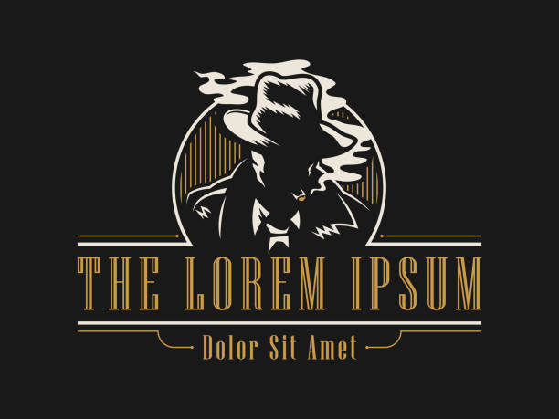 illustrations, cliparts, dessins animés et icônes de l’homme dans un chapeau fume une silhouette découpée de cigare - emblème de modèle de cru - cigare