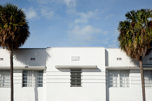 Art Deco architectural design of a building facade in Miami, Florida.