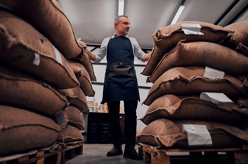 Confident man in apron standing in the warehouse of a coffee beans bags. Full length.