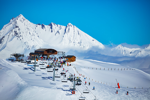 Ski station on top of the high Alps mountain