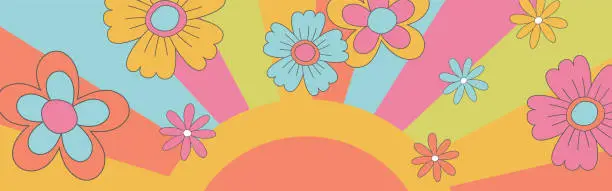 Vector illustration of vector background with rays, flowers and sun for social media posts, banner, card design, etc.