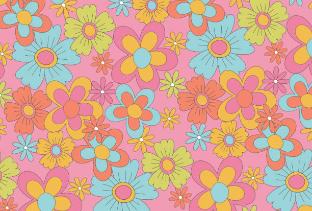 ソーシャルメディアの投稿、バナー、カードデザインなどの花を持つレトロなシームレスなパターン - flower pattern floral pattern retro revival点のイラスト素材／クリップアート素材／マンガ素材／アイコン素材