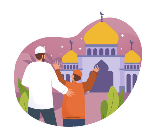 Boy and his father are going to mosque for prayer Ramadan kareem flat cartoon illustration muslim family stock illustrations