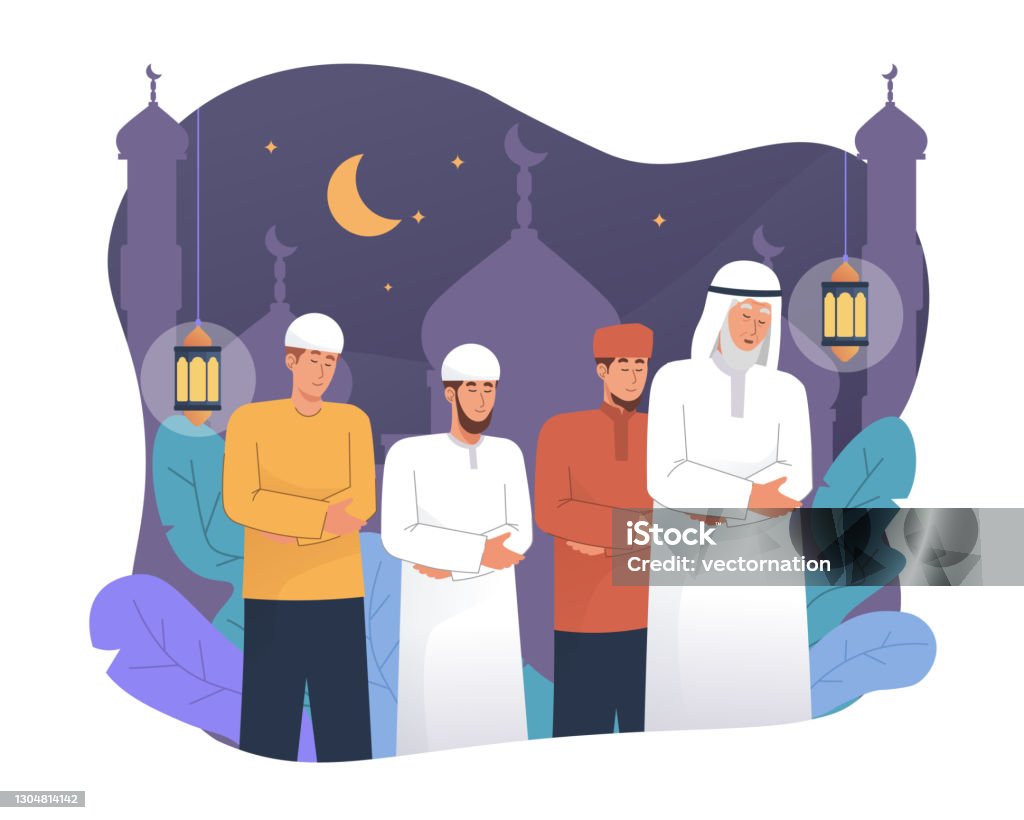 Musulmani eseguono preghiera tarawih di notte durante il Ramadan - arte vettoriale royalty-free di Ṣalāt