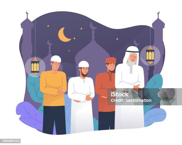 Musulmani Eseguono Preghiera Tarawih Di Notte Durante Il Ramadan - Immagini vettoriali stock e altre immagini di Ṣalāt