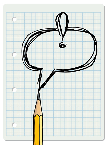 Speech bubble and graphite pencil over chequered notebook page. Stationery hand drawn vector doodle illustration blank frame. Brainstorm idea concept.