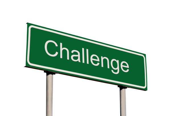 istock Challenge Concept Text, Green Road Sign, Large Detailed Isolated Isolated Closeup, Grey Pole Posts, White Frame 1304817655