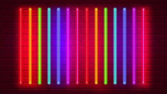 Set of vertical glowing neon tube. Neon light on brick wall. Vector template, 3d illustration.