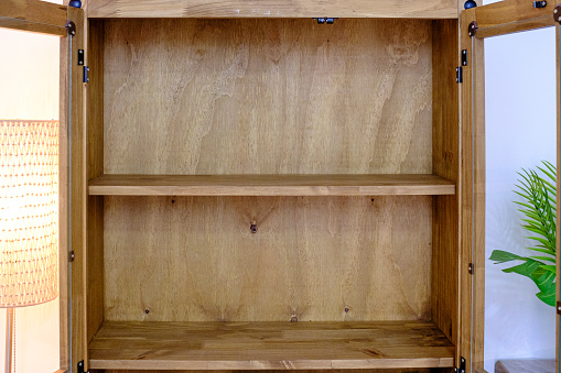 Open cabinet showing empty shelves.