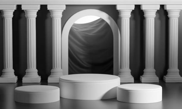 istock Three Podiums Bright Shining Black Door Classic Column  Pillars Colonade 3D Rendering 1304819272