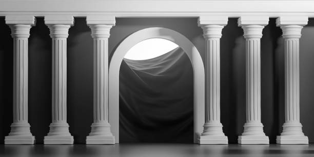 istock Bright Shining Black Door Classic Column Pillars Colonade Interior Architecture 3D Rendering 1304819273