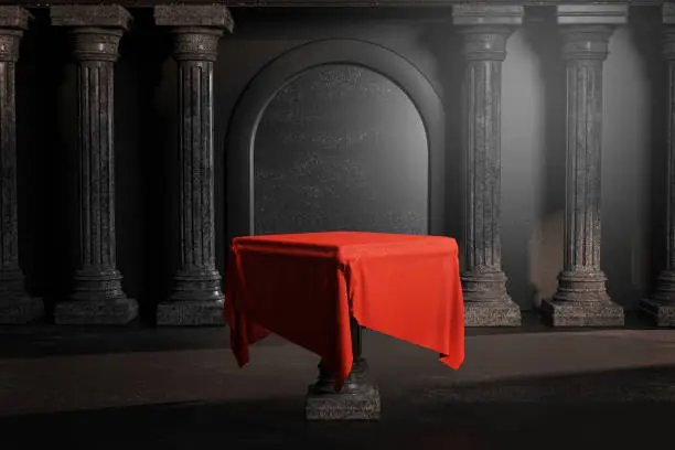 Photo of Red Tablecloth Bright Shining Door Black Classic Colums Pillars Colonade 3D Rendering