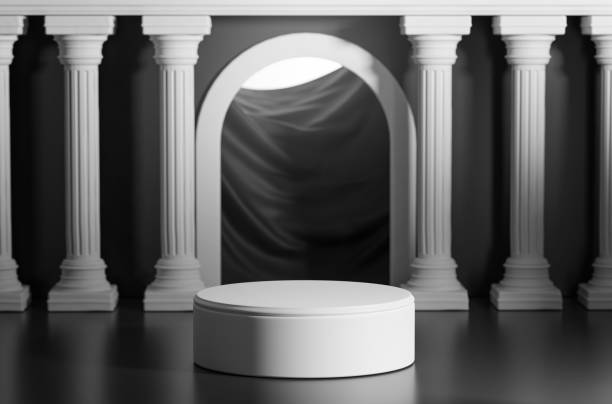 istock Podium Bright Shining Black Door Classic Colums Pillars Colonade 3D Rendering 1304819292
