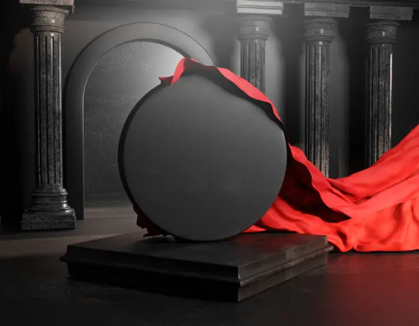 Photo of Unveil Red Cloth Cover From Round Black Stone Classic Colums Pillars. Empty Space Mockup Template 3D Rendering