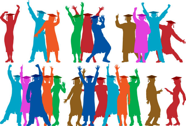 Groups of Graduates (All People Are Moveable and Complete) Each graduate is moveable and complete. hand raised orange blue colors stock illustrations