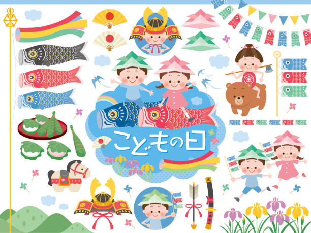 ilustrações de stock, clip art, desenhos animados e ícones de set of illustrations of carp streamers and icons for children's day - child horse design symbol