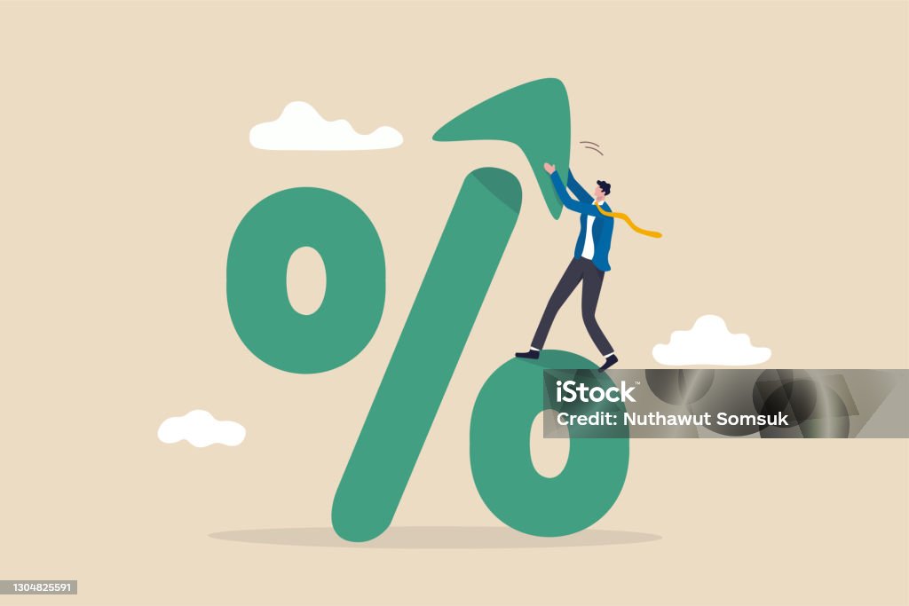 Interest rate, tax or VAT increase, loan and mortgage rate upward trend, investment profit or dividend rising up concept, businessman banker, FED or government put upward arrow on percentage symbol. Inflation - Economics stock vector