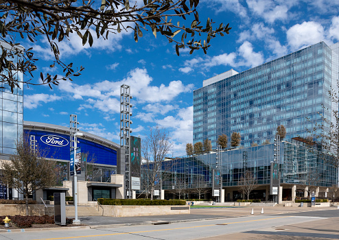 Frisco, Texas, USA - March 01, 2021: The Star Complex, Dallas Cowboys headquarters, Ford Center and Omni Frisco Hotel in background, sunny day, no people