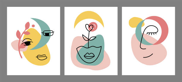 istock Abstract minimalistic face. Printable modern wall art. Art background with different shapes and spots. Trendy modern woman portrait. Set of female art posters. Line drawing. Isolated on a white background. Vector hand drawn print. Colorful flat stock illu 1304827350