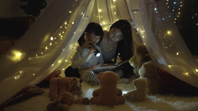 Mother and daughter reading book with flashlight under the tent