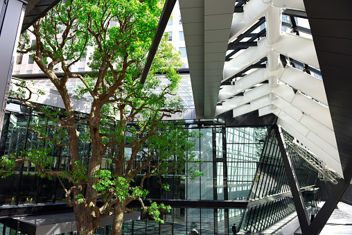 Wide angle view of Modern corporate buildings with greenery.