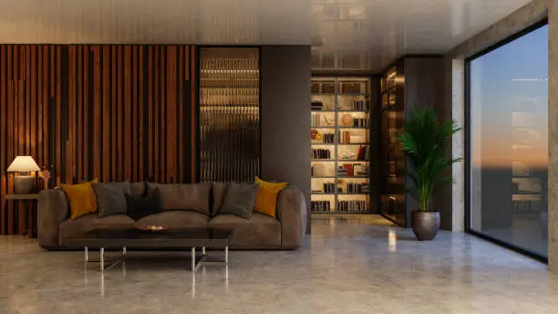 Interior Of Luxurious Living Room With Sofa And Bookshelf. Dusk Scenery From The Window.
