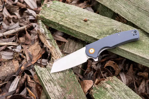 A knife with a chopped-off blade. A knife with a wide blade. Rough pocket knife on an old tree. Top.
