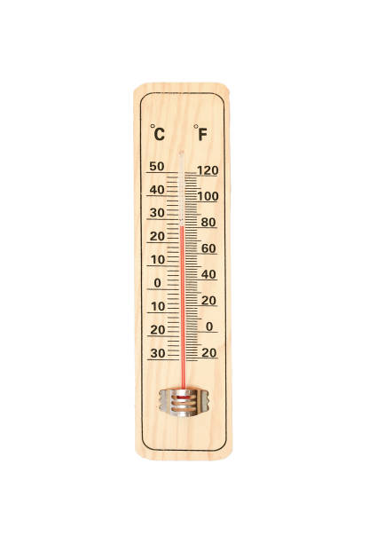 istock Object, vinted nature wood thermometer displaying high 27 degrees on white background isolated and clipping path. Warm temperatures in day time. 1304834343