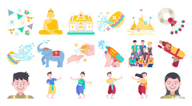 Songkran thailand festival flat icon design Songkran thailand festival flat design icon set. Thai water splashing festive day, thai dancing traditional and cultural. Colorful vector and illustration. thai traditional costume stock illustrations