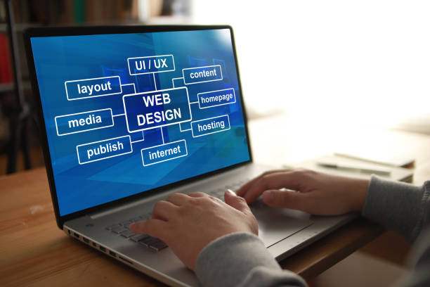 Anonymous person typing on laptop with web design program displayed on screen. UI UX website layout design stock photo