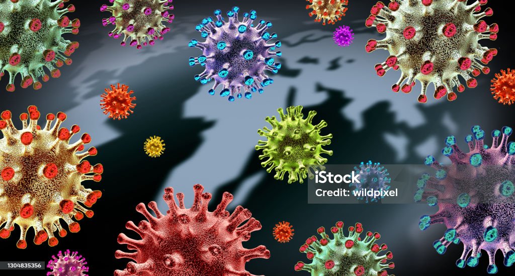 Global Virus Variant Global Virus variant and mutating cells concept or new coronavirus b.1.1.7 variants outbreak and covid-19 viral cell mutation as an influenza background with dangerous flu strain as a medical health risk as a 3D render. Coronavirus Stock Photo