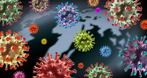 Global Virus Variant Global Virus variant and mutating cells concept or new coronavirus b.1.1.7 variants outbreak and covid-19 viral cell mutation as an influenza background with dangerous flu strain as a medical health risk as a 3D render. retrovirus stock pictures, royalty-free photos & images