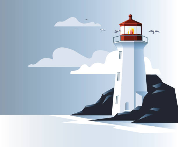 ilustraciones, imágenes clip art, dibujos animados e iconos de stock de ilustración del faro en la costa oceánica rock espacio abierto colores azules - direction sea lighthouse landscape