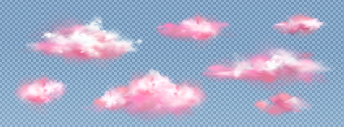Realistic pink clouds, sunset or sunrise fluffy spindrift or cumulus eddies flying isolated on transparent background, weather and nature design elements, meteorology and climate 3d vector icons set