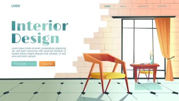 Vector illustration of Vector banner of interior design with cartoon room