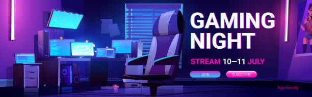 istock Gaming night stream banner with teen gamer room 1304837323