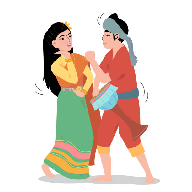 thai traditional drum dance Male and female Thai traditional drum dance (tom tom drance) . thai traditional costume stock illustrations