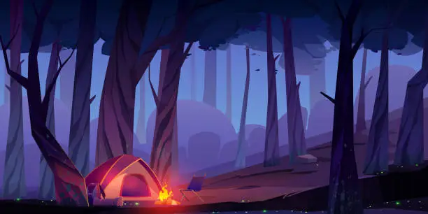 Vector illustration of Summer camp with bonfire and tent at night