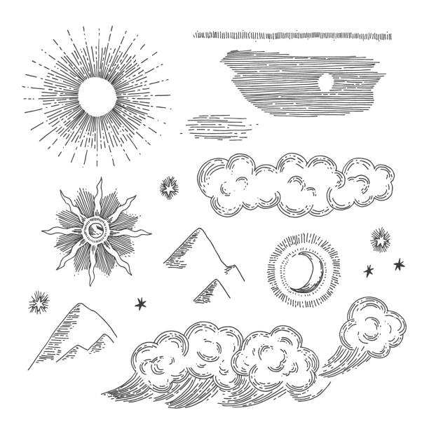 Nature engraving elements. Hand drawn antique style solar and celestial signs. Nature engraving elements. Hand drawn antique style solar and celestial signs. The sky, the sea and mountains. history illustrations stock illustrations